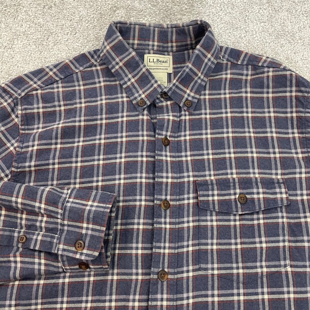 LL Bean Twill Shirt Mens Medium Traditional Fit Plaid Button Down Brushed Jaspe
